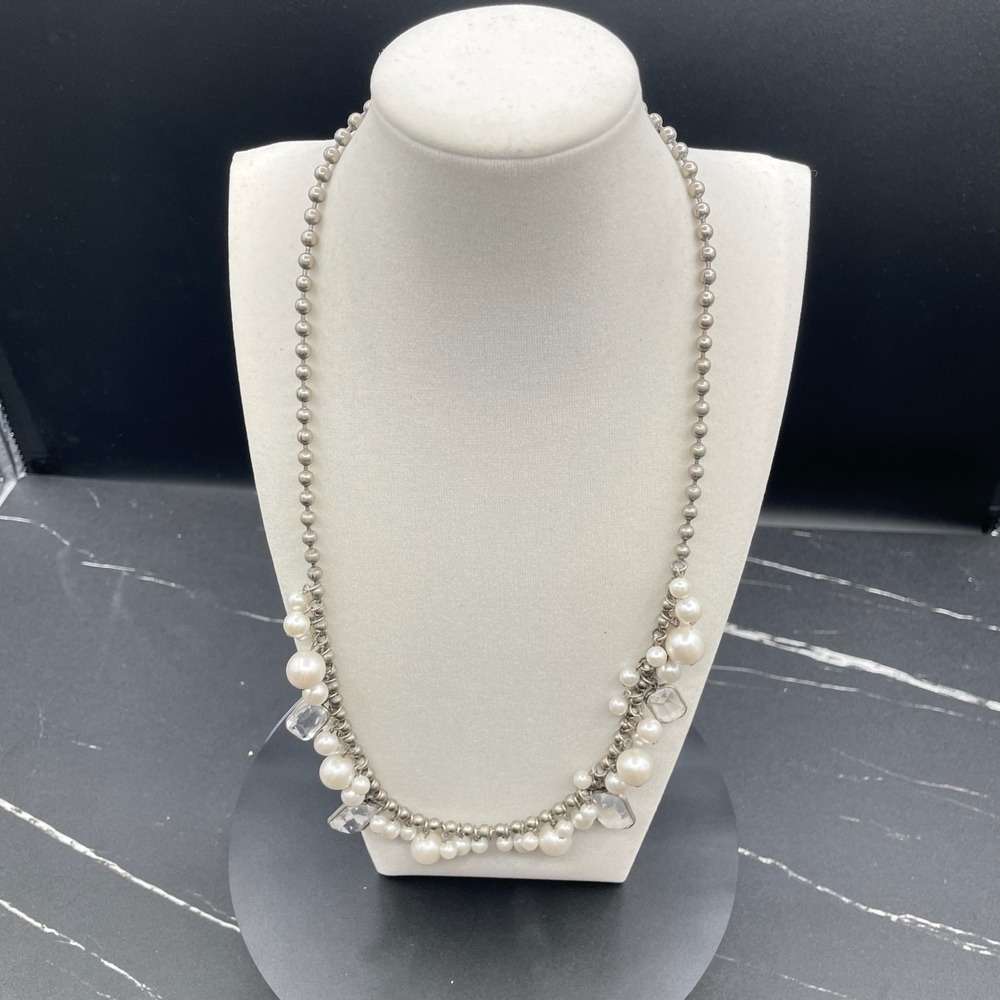 Silver-Tone Classic Mother-Of-Pearl Faceted Glass Beaded Statement Necklace